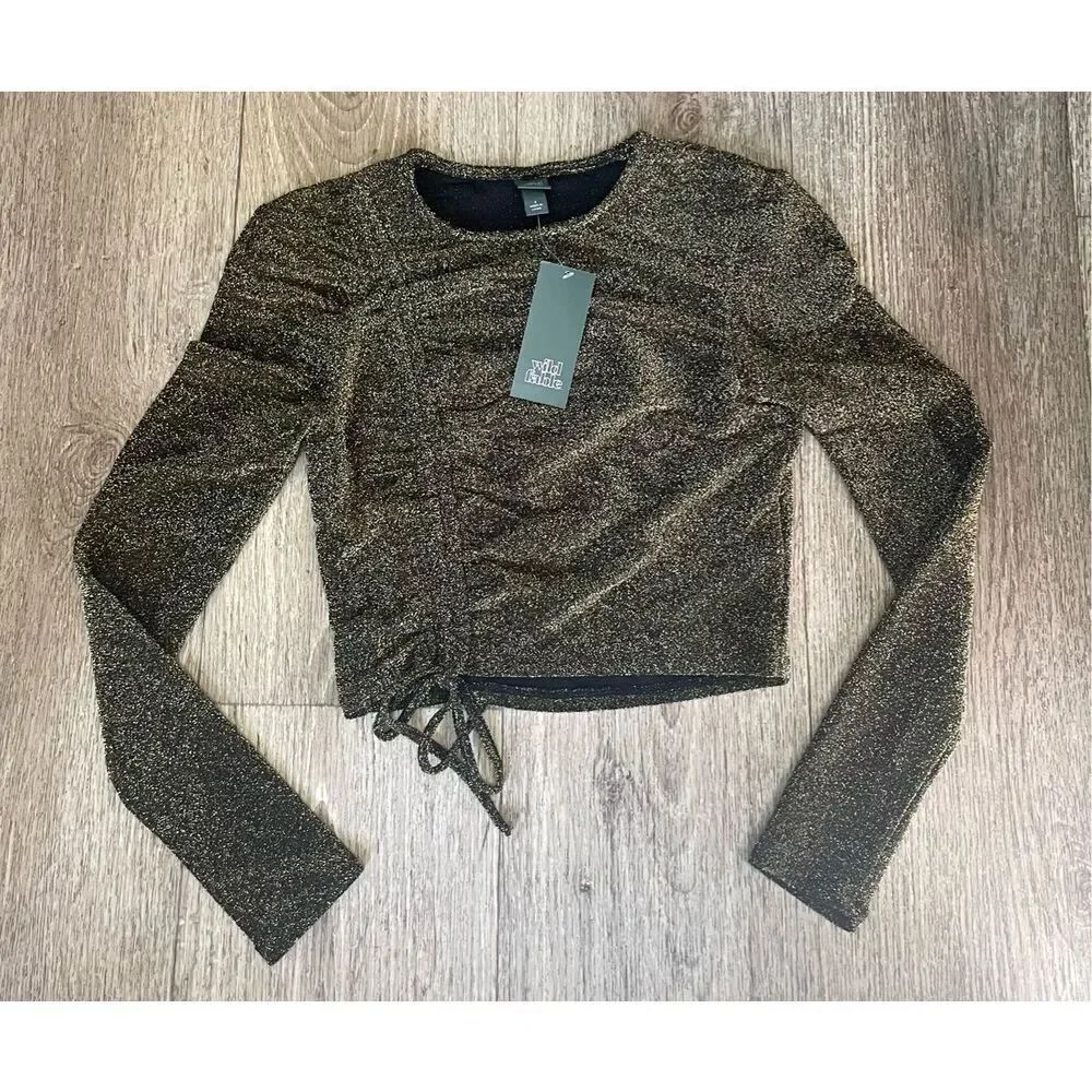 Wild Fable Gold and Black Shimmery Long Sleeve Crop Small New